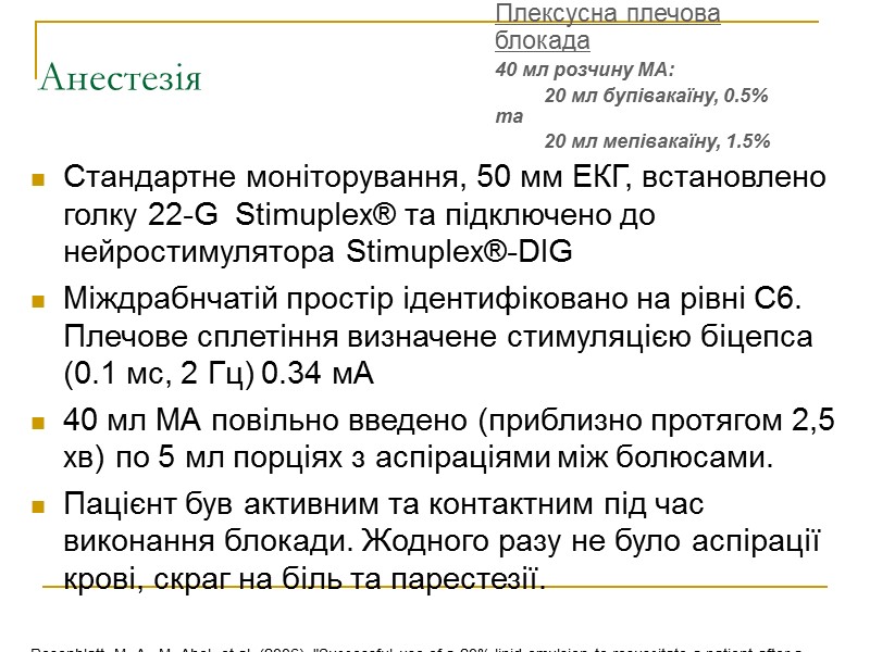Анестезія Стандартне моніторування, 50 мм ЕКГ, встановлено голку 22-G  Stimuplex® та підключено до